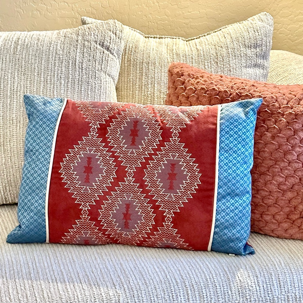 Southwest Embroidered Tapestry Aztec Throw Pillow Quilted Dark‎ Red Blue 24x16